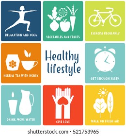 Healthy life style in flat design with food and sport icons. Vector  