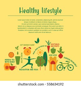 Healthy life style in flat design with food and sport icons. Vector  healthy lifestyle concept