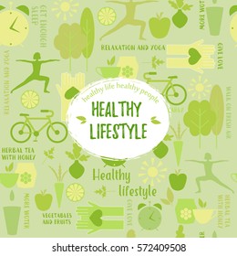 Healthy Life Style In Flat Design With Food And Sport Icons. Vector  Healthy Lifestyle Pattern