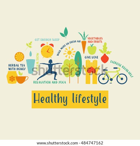 Healthy life style in flat design with food and sport icons.