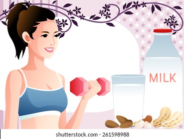 Healthy Life Style - happy smiling and attractive young female lifting pink dumb bell with fresh drink on white and bright purple background of floral, stripe and star patterns : vector illustration