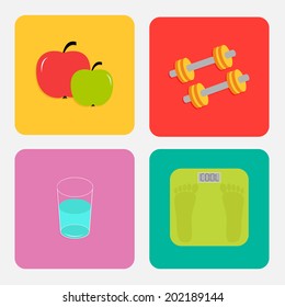 Healthy life style icon set. Apple, dumbbells, water, weight scale. Flat design. Vector illustration