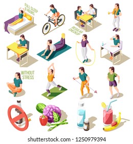 Healthy life style isometric icons good sleep and nutrition regular check up sports activity isolated vector illustration