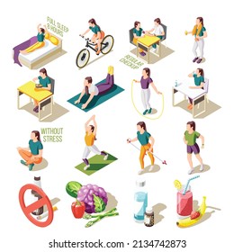 Estilo de vida saludable iconos isométricos buen sueño y nutrición revisión regular actividad deportiva ilustración aislada