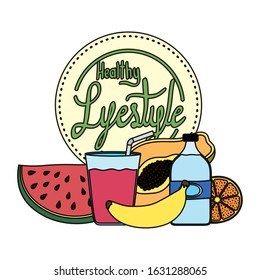 healthy life style lettering and set icons vector illustration design