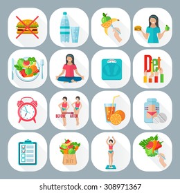 Healthy life style low fat vegetarian diet plan with meditation flat icons set abstract isolated vector illustration