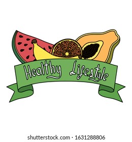 healthy life style ribbon with lettering and set icons vector illustration design