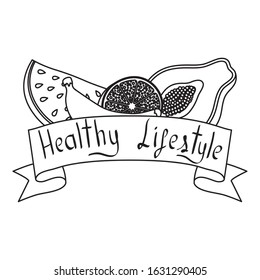 healthy life style ribbon with lettering and set icons vector illustration design
