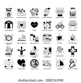 Vida sana, línea delgada e iconos perfectos para píxeles