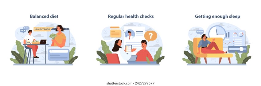 Healthy Life trio set. Visuals on balanced diet, regular health checks, and proper sleep. Portrayal of wellness routine elements. Vector illustration.