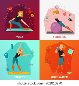 Healthy lifestyle 2x2 design concept with slim girl doing yoga fitness and aerobics isolated on colorful backgrounds cartoon vector illustration