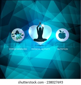 Healthy lifestyle abstract blue background. Stress handling, physical activities and healthy diet.