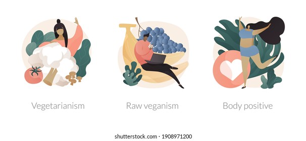 Healthy lifestyle abstract concept vector illustration set. Vegetarianism and raw veganism, body positive, juice and sprout diet, fresh organic products, body detox, self-confidence abstract metaphor.