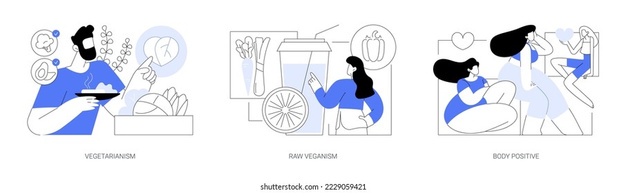 Conjunto de ilustraciones vectoriales abstractas de estilo de vida saludable. Vegetarismo y veganismo crudo, positivo para el cuerpo, dieta de jugo y brote, productos orgánicos frescos, desintoxicación corporal, metáfora abstracta de autoconfianza.