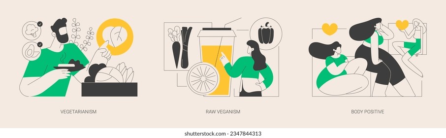 Healthy lifestyle abstract concept vector illustration set. Vegetarianism and raw veganism, body positive, juice and sprout diet, fresh organic products, body detox, self-confidence abstract metaphor.