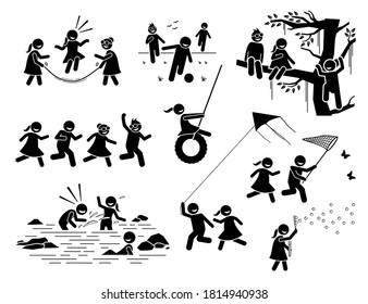 Healthy lifestyle of active children playing outside stick figures icons. Vector illustrations of kids climbing tree, running, catching butterfly, splashing water, playing kite, football, and bubbles.