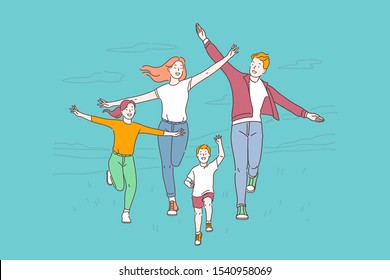 Estilo de vida saludable, concepto de recreación activa. Felices familias pasando tiempo juntos. Padres y niños activos corriendo. Madre, padre y hermanos trotando y divirtiéndose. Vector plano simple