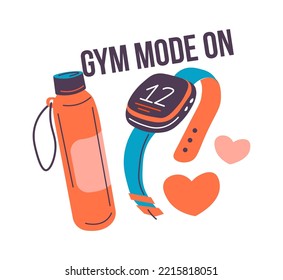 Healthy lifestyle and active sports, gym mode on. Isolated fitness watch and bottled water, checking heartbeat and doing cardio exercises. Training and hydrating for balance. Vector in flat style