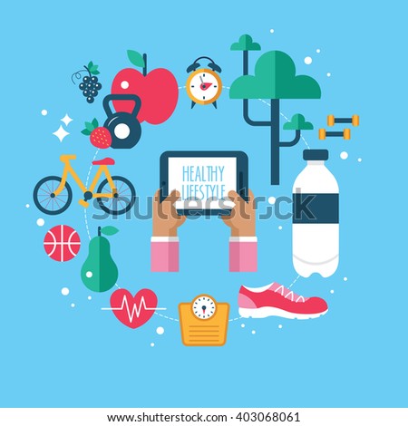Healthy lifestyle app concept with flat modern icons. Isolated vector illustration