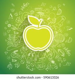 Healthy lifestyle apple concept, doodle illustration. Green fresh apple with doodles around it about health, lifestyle, sport, natural food and ecology life. Positive lifestyle and health concept