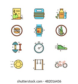 Healthy lifestyle atributes vector icons set.