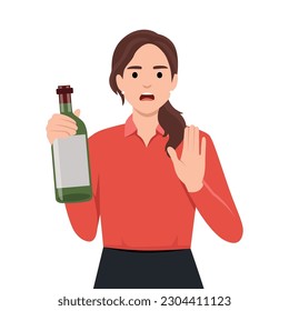 Healthy lifestyle and avoiding alcohol concept. Young Woman standing saying no to alcohol refusing of glass of wine with raised hand. Flat vector 