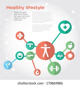 Healthy Lifestyle Background With Flat Icon Set And Place For Text. Vector Medicine Illustration