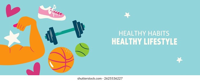 Healthy lifestyle background. Habits, fitness, sport exercises for active life. Daily routine, nutrition, gymnastics and yoga workout vector illustration. Wellness, health concept for poster, banner.