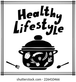 Healthy lifestyle background with icon pan, spoon, fork and vegetables silhouettes