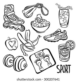Healthy lifestyle background (individual objects). Black-and-white drawing.