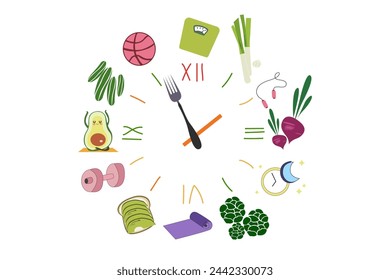 Fondo de estilo de vida saludable, vida saludable con el símbolo del reloj despertador. Ilustración vectorial, rutinas diarias