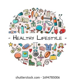 Healthy Lifestyle Background. Sport and activity. Fintess design elements. Place for your text. Vector illustration