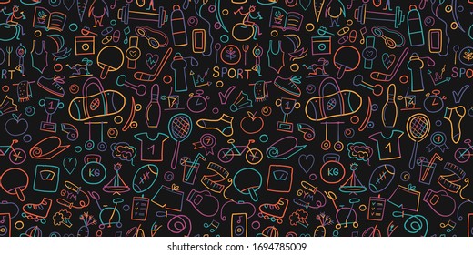 Healthy Lifestyle Background. Sport and activity. Fintess design elements. Seamless Pattern. Vector illustration