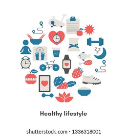 Healthy Lifestyle Background with sport and diet icons. Trendy flat design.