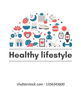 Healthy Lifestyle Background with sport and diet icons. Trendy flat design.
