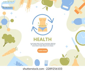 Healthy lifestyle background. Sports lifestyle and fitness, figure and workout. Fat burning and cardio workout. Diet and proper nutrition. Broccoli, carrot and apple. Cartoon flat vector illustration