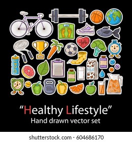 Healthy lifestyle. Badges patch fashion collection.Vector Health  hand draw set on a black background.Pins,stickers, patches in doddle style.Trend.Vector illustration isolated. Vector clip art.