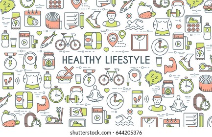 Healthy lifestyle banner. Design template with flat line icons on theme fitness, nutrition and dieting. Vector illustration