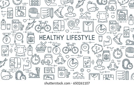 Healthy lifestyle banner. Design template with thin line icons on theme fitness, nutrition and dieting. Vector illustration - Shutterstock ID 650261107