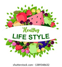 Healthy lifestyle banner. Fruits and berries. Poster with elements of dietary organic products. Weight loss. Vector illustration in flat style.