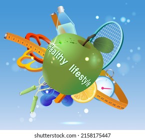 Healthy lifestyle banner template with a green apple in the center. Fitness, healthy eating, diet