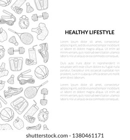 Healthy lifestyle Banner Template, Sports and Fitness Objects Hand Drawn Vector Illustration