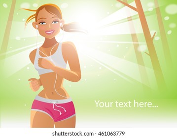 Healthy lifestyle. The beautiful young woman runs through a wood in the morning. Vector illustration.