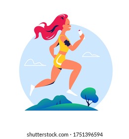 Healthy lifestyle and body positive concept. Young happy girl in sport wear jogging on nature / park side with bottle of water and smartphone heart rate control. Vector flat cartoon illustration.