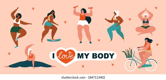 Estilo de vida saludable y concepto de positividad corporal. Conjunto de mujeres jóvenes, hermosas y grandes, que practican deportes y diversas actividades al aire libre. Ilustración vectorial plana aislada con personajes femeninos felices