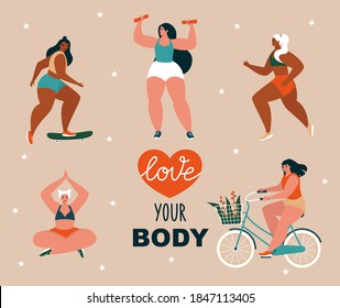 Healthy lifestyle and body positivity concept. Set of young beautiful plus size women doing sports and various outdoor activities. Isolated flat vector illustration with happy female characters