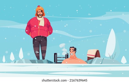 Healthy lifestyle cartoon background with man dipping into ice hole in winter flat vector illustration