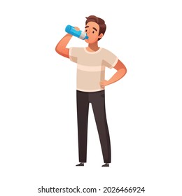 Healthy lifestyle cartoon composition with male character drinking water from bottle vector illustration