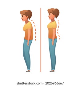 Healthy lifestyle cartoon composition with side view of girl having wrong and right erectness vector illustration