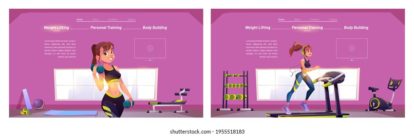 Healthy lifestyle cartoon landing pages. Young women exercising in gym, workout with dumbbells and run on treadmill. Body building, personal training, weight lifting sports activity vector web banners